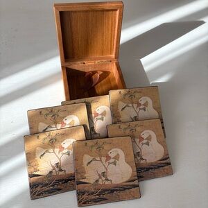 Vintage swan  Illustration Coaster Set with Wooden Box